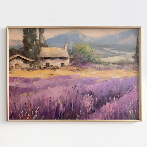 Lavender Cottage Wall Art, Provence Style Landscape Print, Purple Field Painting, French Country Farmhouse Decor
