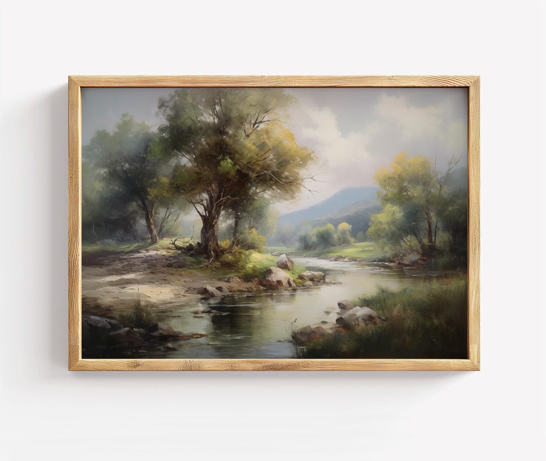 Forest River Landscape Painting: Tranquil Nature Art Print (digital ...