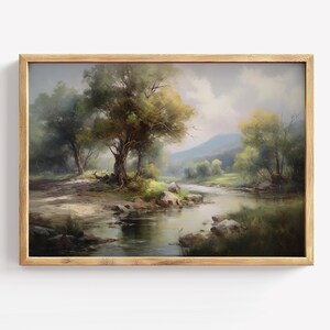 Peaceful Forest River Painting, Tranquil Landscape Wall Art, Misty Tree Scene, Nature Inspired Rustic Decor Print