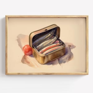 Acquerello di sardine in scatola, decorazione da parete per la cucina, dipinto di pesce vintage, stampa culinaria accogliente, illustrazione rustica di frutti di mare