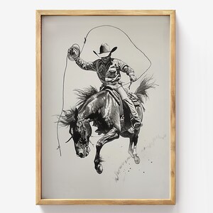 Cowboy Art Print: Horse Out Of Control, Western Wall Decor (Digital Download)