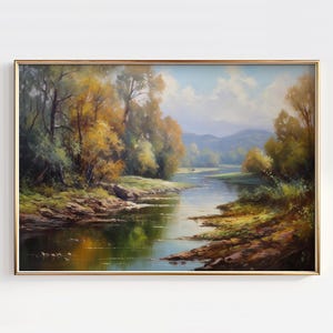 Autumn River Reflection Art, Fall Trees Landscape Print, Serene Nature Scene Wall Decor, Rustic Water Painting