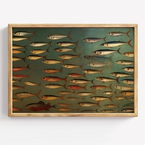 Vintage Fish School Print, Ocean Wall Art, Sardine Illustration, Coastal Kitchen Decor, Sea Life Poster, Retro Marine Fish Art