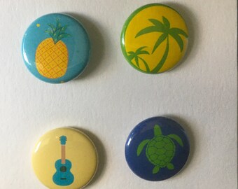 Botones tropicales - Piña, Ukulele, Tortuga Marina, Palmera BotónSet de 4 botones pinback