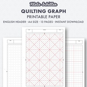 Könnte beinhalten: Drei bedruckbare Quilting-Graphenpapierbögen im A4-Format. Das erste Blatt hat ein sechseckiges Gittermuster, das zweite Blatt hat ein Diamantgittermuster mit roten Linien und das dritte Blatt hat ein quadratisches Gittermuster.