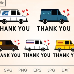 Pakiet svg z podziękowaniami dla ciężarówki pocztowej, svg z ciężarówką dostawczą, svg z ciężarówkami USPS, pliki cyfrowe dla Cricut Silhouette