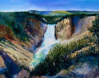 Yellowstone aquarel landschap print, Grand Canyon of the Yellowstone print, Yellowstone waterval, 12 x 19 inch print, Wyoming