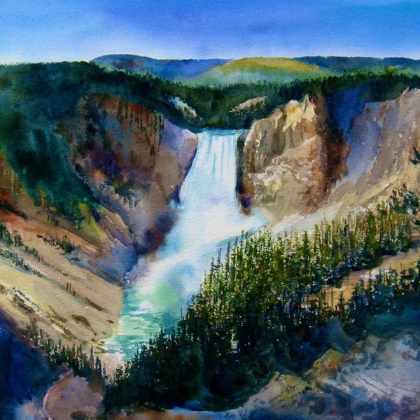 Yellowstone watercolor landscape Print, Grand Canyon of the Yellowstone Print , Yellowstone waterfall, 12 x 19 inch print, Wyoming