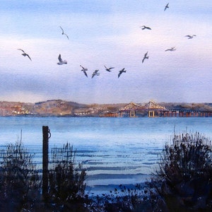 Flusslandschaft mit Hudson, Hudson River Kunst Tappan Zee Bridge, 11 x 15 Zoll-Print, blau, Lavendel,