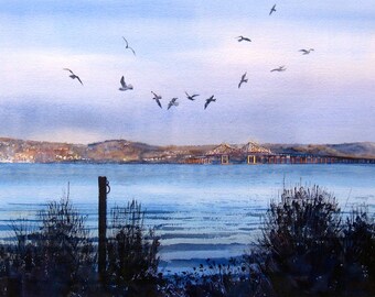 Hudson River Landscape, Hudson River Art, Tappan Zee Bridge, 11 x 15 inch Print, Blue, Lavendar,