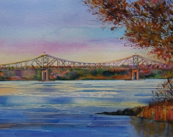 Hudson River Art, Hudson River Watercolor Print, Tappan Zee Bridge, Hudson River Valley, 8 x 14 inch Print, Autumn on the Hudson, Oranges