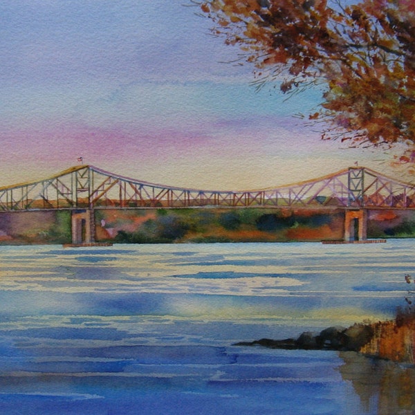 Hudson River Art, Hudson River Watercolor Print, Tappan Zee Bridge, Hudson River Valley, 8 x 14 inch Print, Autumn on the Hudson, Oranges