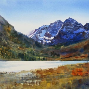 Maroon Bells n ° 1, aquarelle paysage, des montagnes Rocheuses, au Colorado, paysage de montagne, tirage 8 x 10, bleu, violet, or, Orange, ocre,