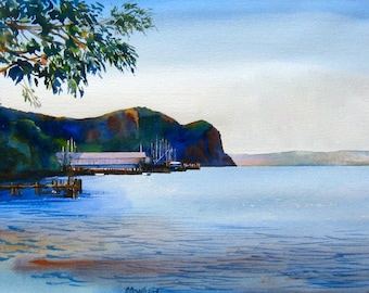 Hudson River New York, Hudson River Art Print , Hook Mountain, 8 x 12 inch Print, Landscape watercolor print, Blues
