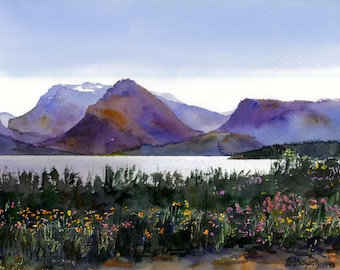 Grand Tetons watercolor, Watercolor print, Jackson lake print, wildflowers landscape, 10 x 15 inches, blues, greens