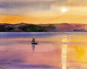 Hudson River, New York, Watercolor Landscape, Hudson River Print, Sunrise in Upper Nyack, NY, Sunrise painting, 8 x 11 inch print