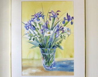 Watercolor Flowers, Flower print, Flower painting, Floral still life, 12 x 16 inch print, Purple Iris, White Calla lilies