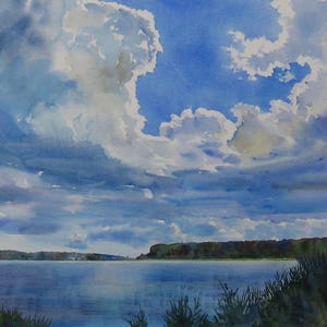 May include: A watercolor painting of a lake with a blue sky and white clouds. The lake is calm and the water is reflecting the sky. There are trees on the far shore of the lake.