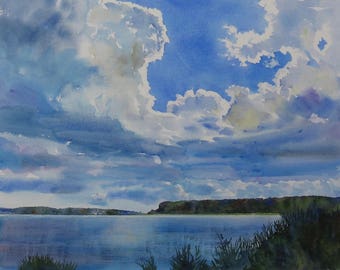Landscape watercolor, Cloud Print, Hudson River Print, Piermont New York, 11 x 14 inch print, Blue skies, Hudson River Art, Glorious Hudson