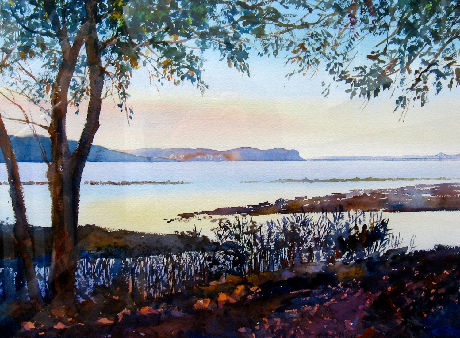 Hudson River Landscape, 8 x 11 inch Print, Watercolor Landscape, Hudson River, Hook Mountain, Nyack, New York, Blue, Green, Browns