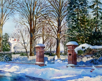 Snow scene, Winter landscape print, Winter watercolor print, Street scene, 11 x 17 inch print, Entrance Gates, blues, brick red, greens