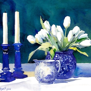 Watercolor Flowers, Watercolor Tulips, Watercolor Print, 11 x 15 inch Print, Tulip Print, White Tulip Print, Blue Pitcher and Tulips
