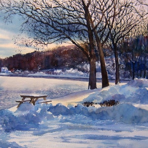 Hudson River Print, Hudson Valley Watercolor, Snow Scene, Watercolor Landscape of Hudson, 12 x 18 inch Print, Hook Mountain, NY