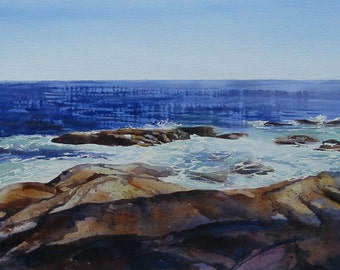 Maine seashore landscape, Seascape, Pemaquid Point Maine, 12 x 18 inch print, Pemaquid rocks, Maine rocks, Maine coast, blue, tans