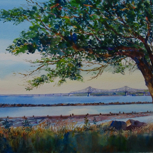 Watercolor Landscape, Landscape print, Hudson River Painting, 8 x 12  inch print, Tappan Zee Bridge Print, Hudson River Art