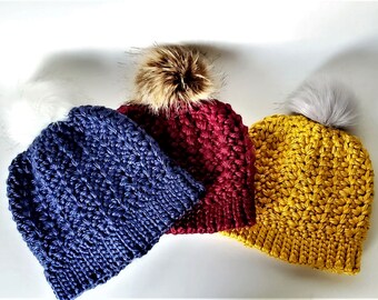 Crochet Winter Beanie, Pom Pom Beanie, Crochet Hat