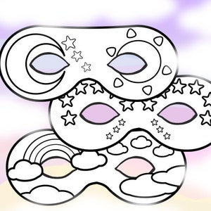 Sky Themed Coloring Masks Printable Kids Party Favor Classroom or Birthday Activity - Stars, Rainbow Cloud and Sun and Moon Designs