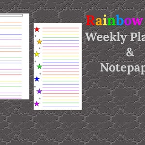 May include: Printable rainbow star weekly planner and notepaper. The planner has a space for each day of the week with lines for writing. The notepaper has a rainbow of stars on the left side.