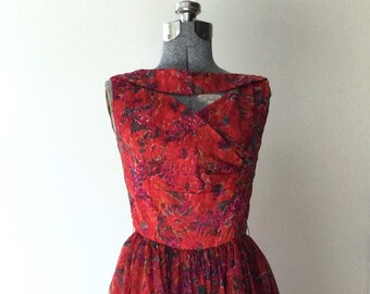 1950s Painterly Red Georgette Dress