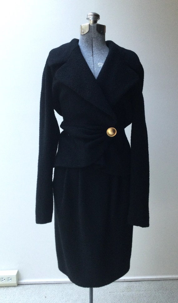 1970s Donna Karan Draped Black Boucle Suit