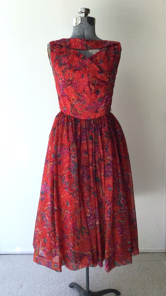 1950s Painterly Red Georgette Dress