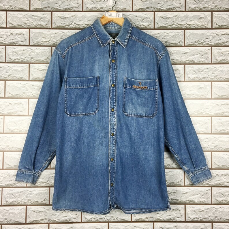 Vintage 90/'s TRUSSARDI Denim Trussardi Buttondown Shirt Flannel Western Blue Jeans Size M
