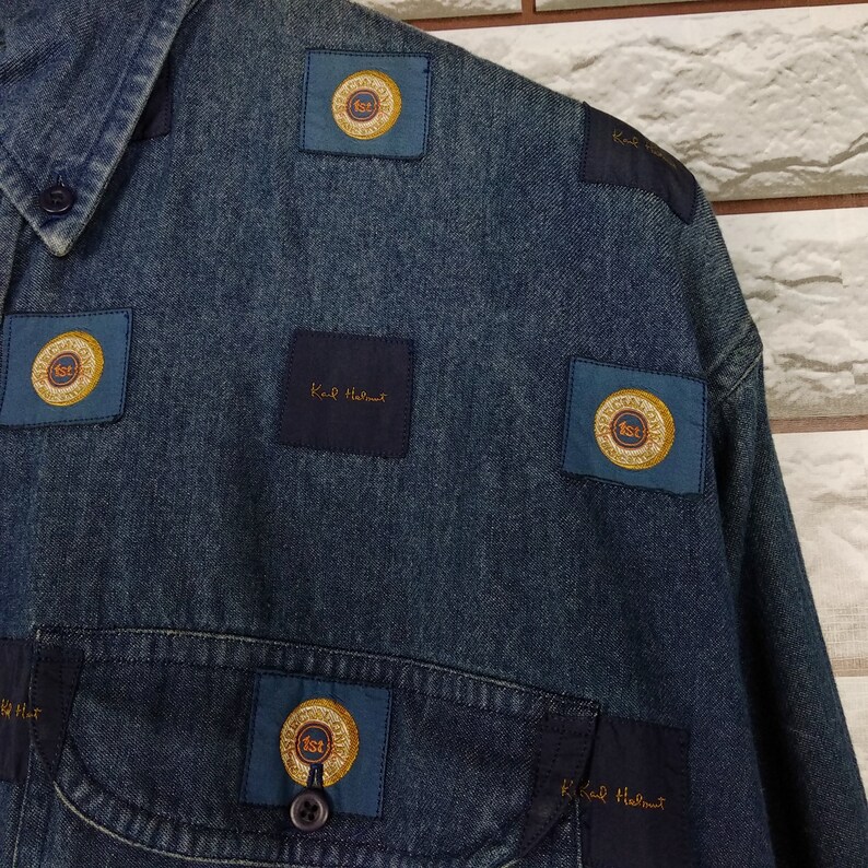 KARL HELMUT Denim Shirt Vintage Karl Helmut All Over Print Patchwork Buttondown Oxfords Japan Shirt LXL