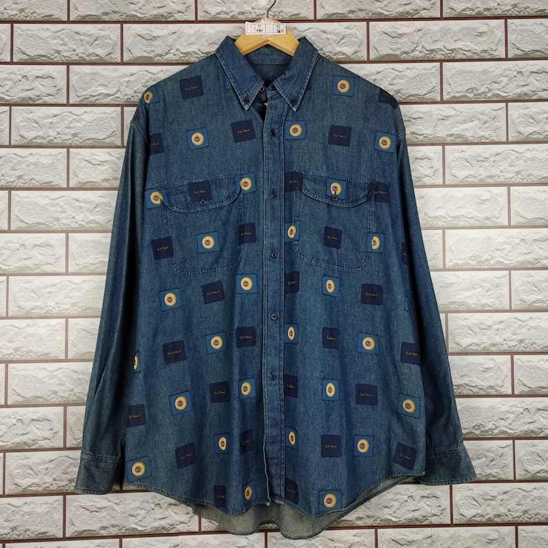 KARL HELMUT Denim Shirt Vintage Karl Helmut All Over Print Patchwork Buttondown Oxfords Japan Shirt LXL