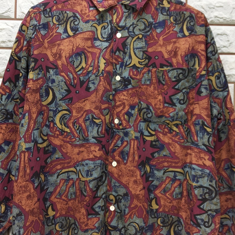 Vintage 90s Abstrack Artwork Royalty Classic Novelty Baroque Psychedelic Luxury Buttondown Rayon Shirt Size XL