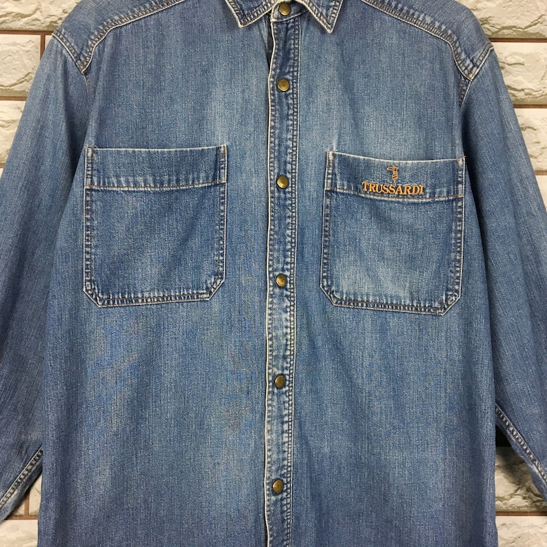Vintage 90/'s TRUSSARDI Denim Trussardi Buttondown Shirt Flannel Western Blue Jeans Size M