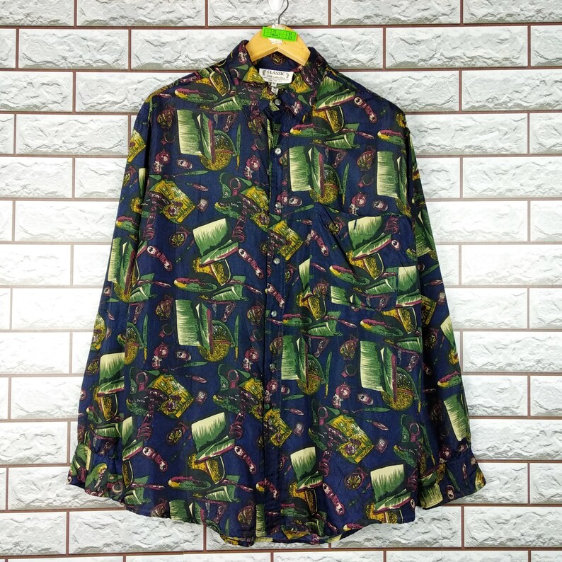 Vintage 90s Silk Baroque Floral Abstrack Royalty Baroque Classic Gold Chain Luxury Buttondown Silk Shirt Size M