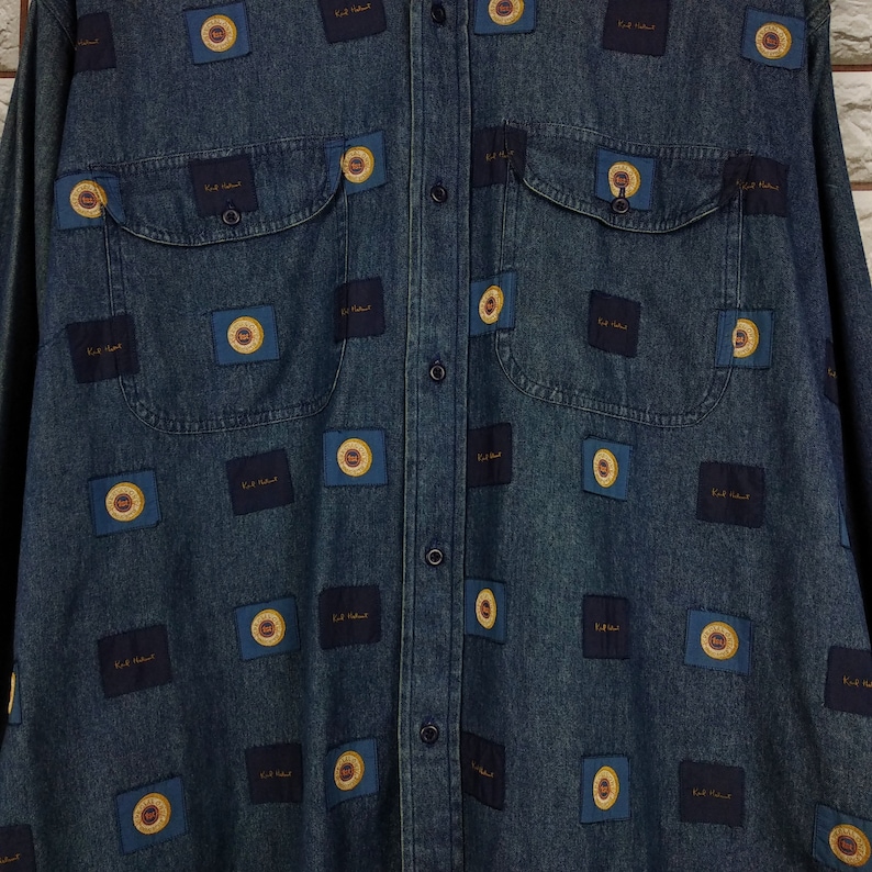 KARL HELMUT Denim Shirt Vintage Karl Helmut All Over Print Patchwork Buttondown Oxfords Japan Shirt LXL