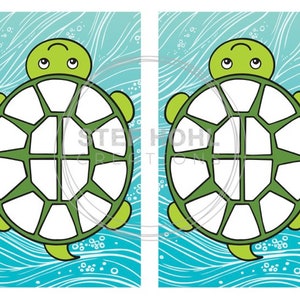 May include: Two green and black turtle outlines with white shells. The shells are divided into 12 sections. The turtles are swimming in blue water with white bubbles.