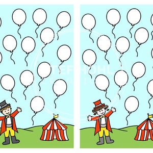 May include: Two illustrations of a circus performer in a red and yellow costume standing in front of a striped tent.  Each performer is holding a red and yellow flag.  There are 18 white balloons floating above each performer.