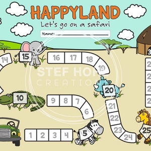 May include: A colorful safari-themed board game with the text "HAPPYLAND" and "Let's go on a safari." Features include numbered spaces, animal illustrations, a jeep, and a hut. The game board has a light brown background with a blue sky and clouds.