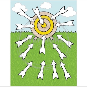May include: A yellow and brown target with white arrows pointing towards the center. The target is on a green grassy field with a blue sky and white clouds in the background.