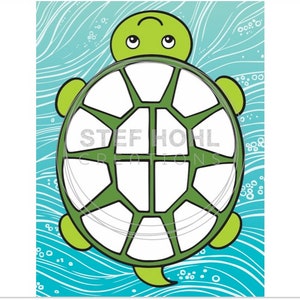 May include: A green turtle with a light green shell and a light blue background. The turtle is swimming in the water and has a happy expression on its face.