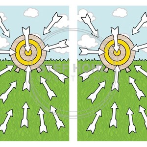 May include: Two illustrations of a target with arrows. The target is a wooden circle with a yellow bullseye and concentric rings. The arrows are white and are pointing at the target. The arrows are in different positions in each illustration. The background is a green field with a blue sky and white clouds.