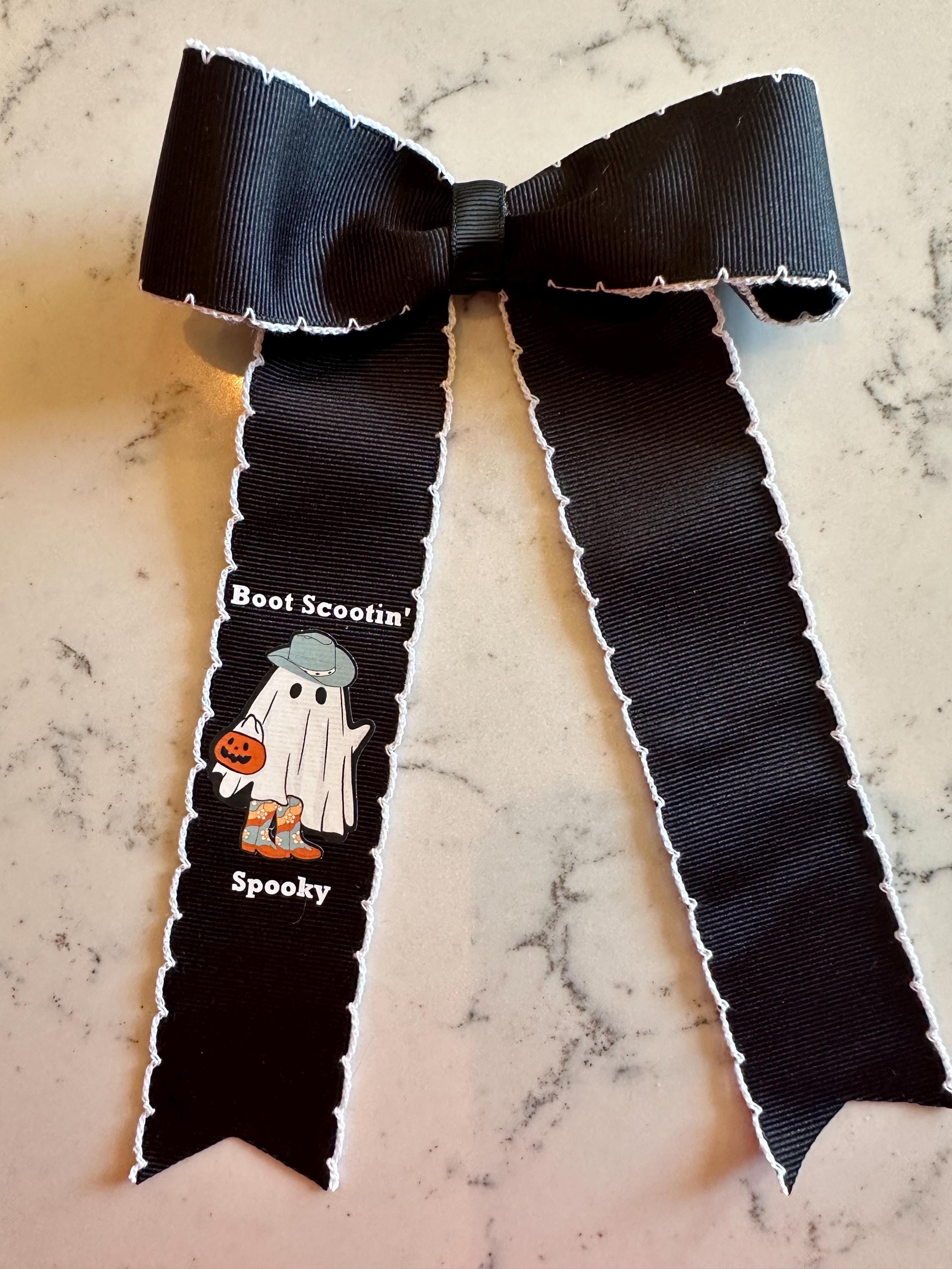 Halloween Hair Ribbon, No Diggity, bag it up, Hippie Halloween, boot scootin spooky, Bow Gift for Girls, Clip or Ponytail Band, Moon Stitch