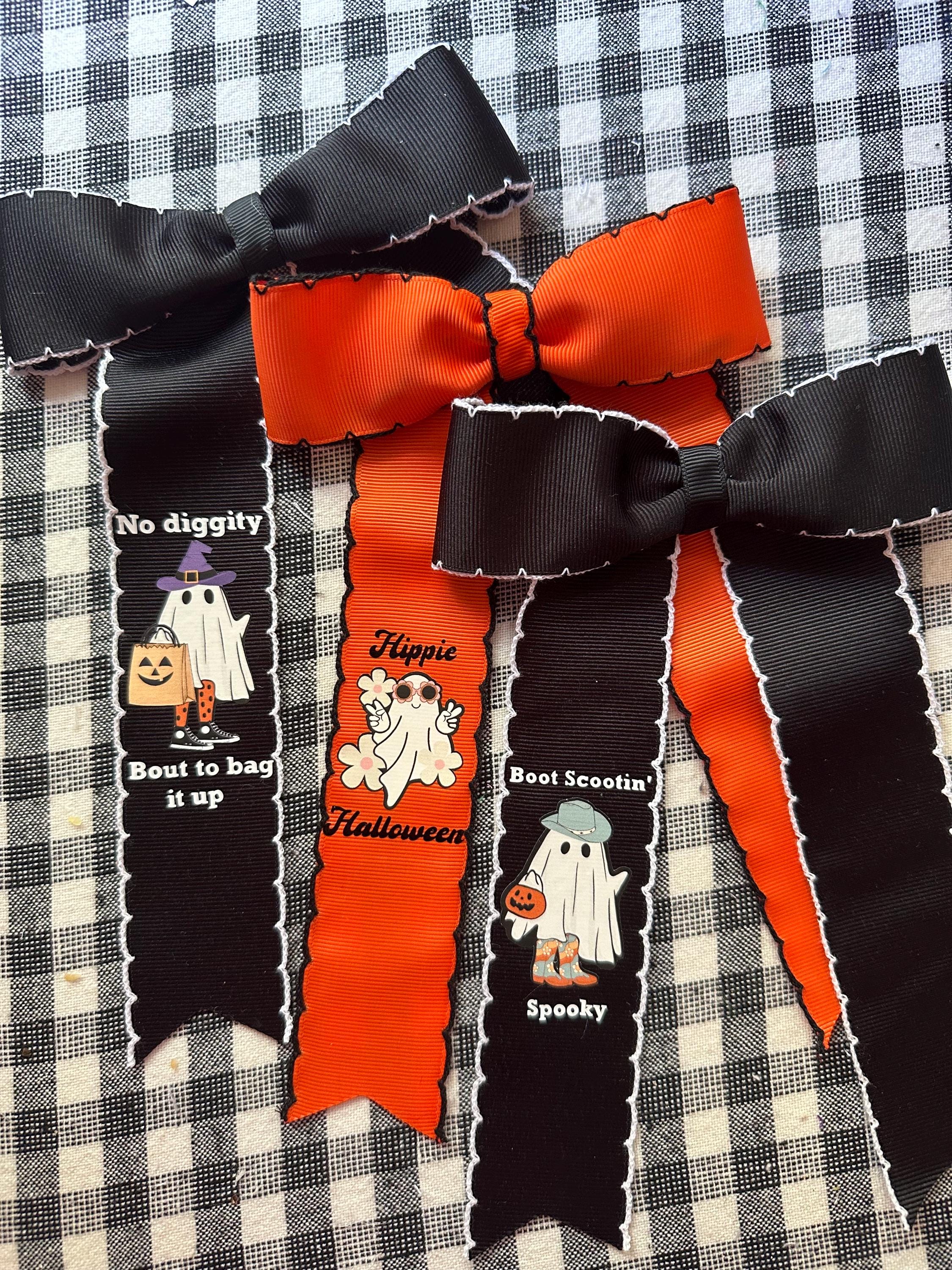 Halloween Hair Ribbon, No Diggity, bag it up, Hippie Halloween, boot scootin spooky, Bow Gift for Girls, Clip or Ponytail Band, Moon Stitch